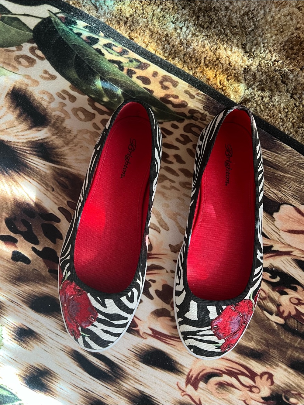 Brighton Canvas Zebra-Print Flats with Red Floral Accent